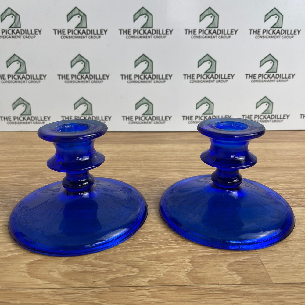 Vibrant Cobalt Blue Glass Candlestick Holders Pair Round Base Taper Set of 2